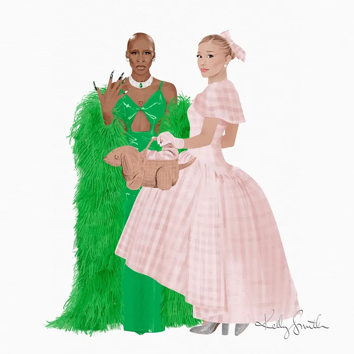 Cynthia Erivo in green feather dress and Ariana Grande in pink gown at Wicked premiere