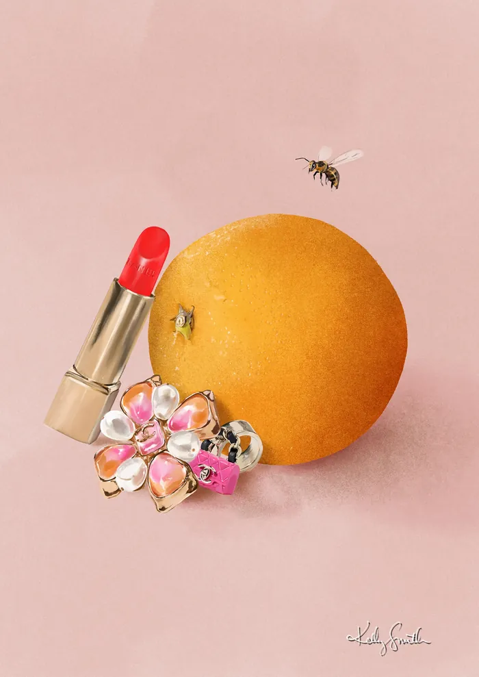 Red lipstick, orange, flower brooch, and bee on pink background