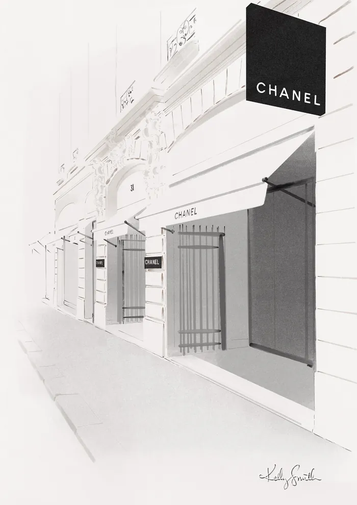 Black and white illustration of Chanel store facade at 31 Rue Cambon
