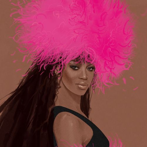 Naomi Campbell in black dress with bright pink feather headpiece and arm cuffs