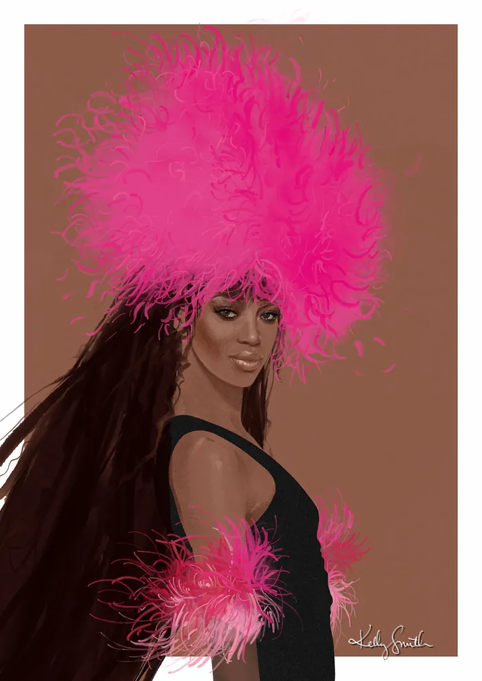 Naomi Campbell in black dress with bright pink feather headpiece and arm cuffs