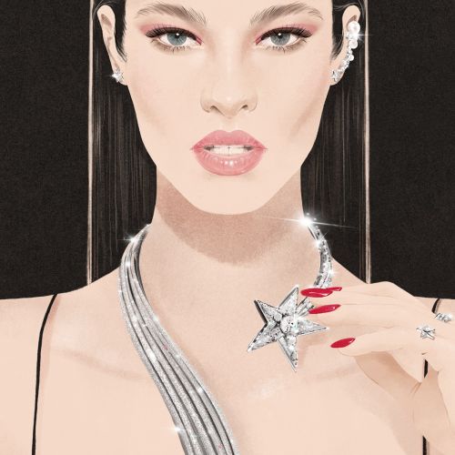 Illustration of woman wearing Chanel Comète necklace and earrings