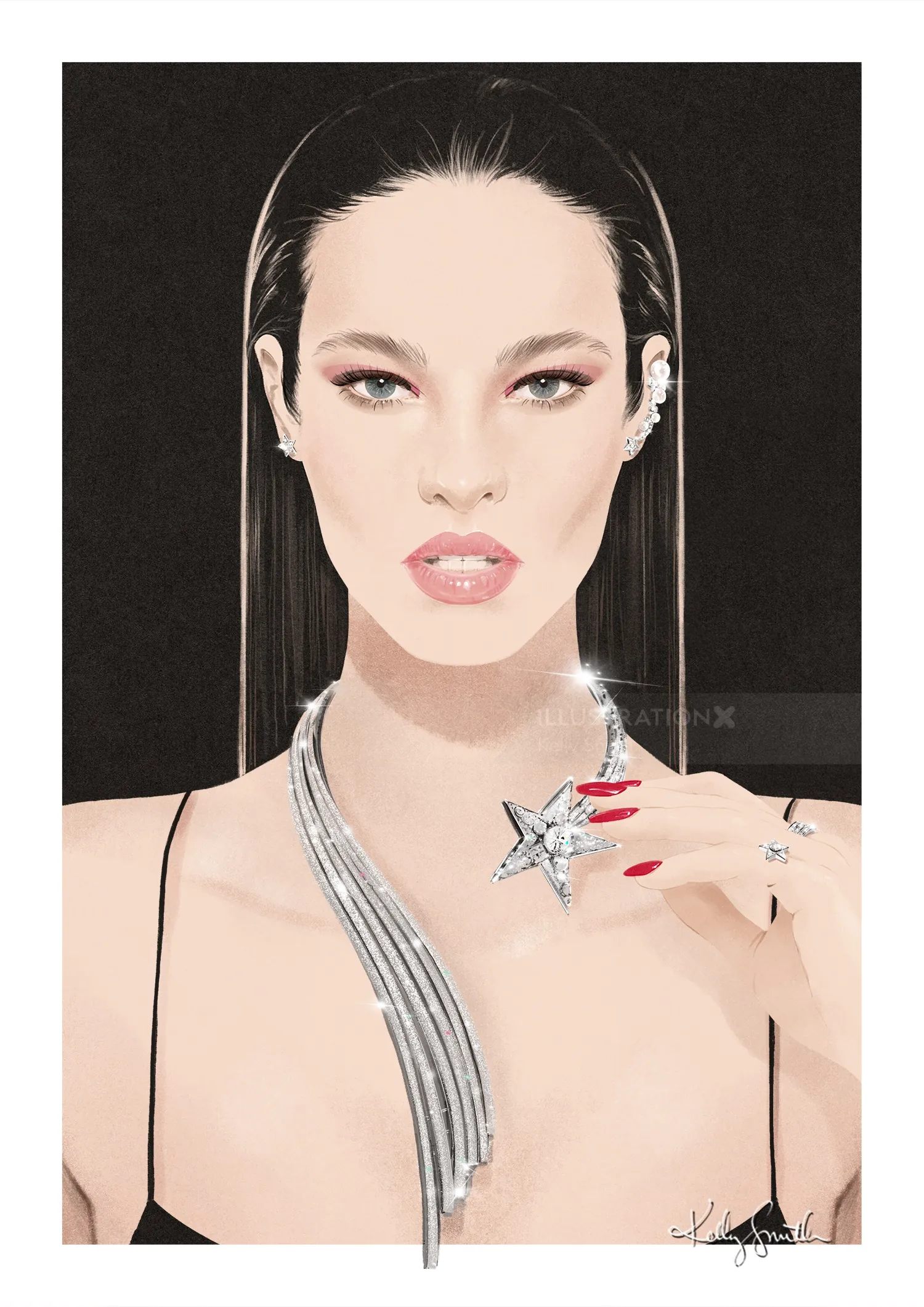 Illustration of woman wearing Chanel Comète necklace and earrings