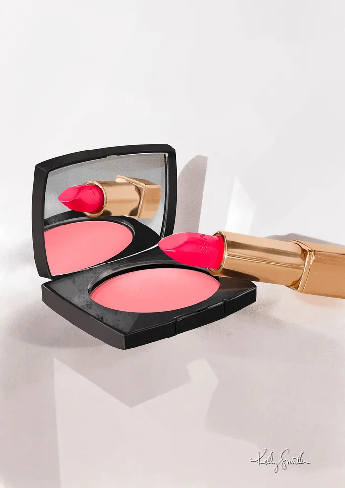 Chanel compact powder and red lipstick with reflection in mirror