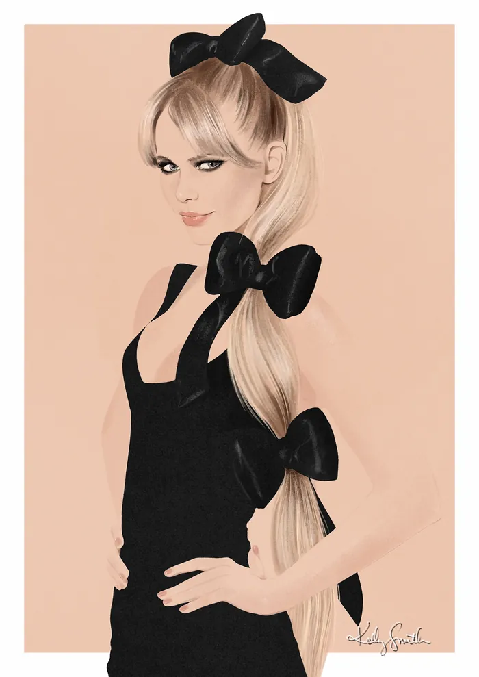 Woman with long blonde hair adorned with black bows in a black dress