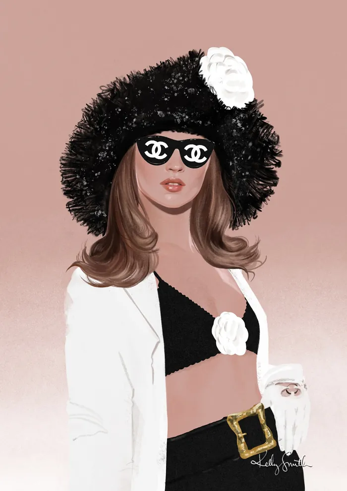 Fashion illustration of woman in black hat and white blazer