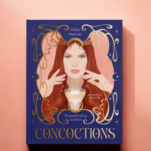 Book cover illustration of a woman with red hair and a cocktail glass