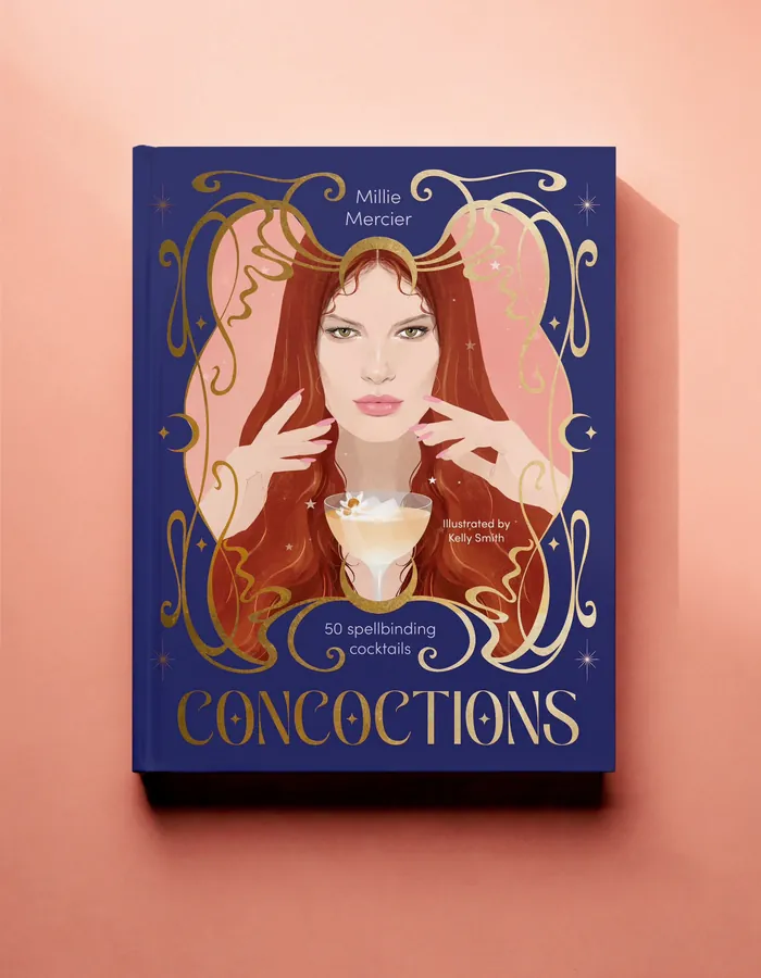 Book cover illustration of a woman with red hair and a cocktail glass