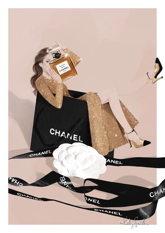 Illustration of woman holding Chanel No 5 perfume bottle with ribbons