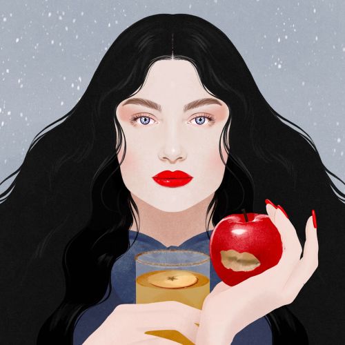 Woman with black hair holding an apple and a candle in glass
