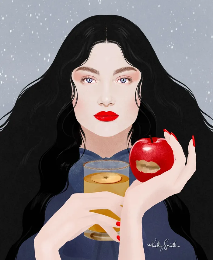 Woman with black hair holding an apple and a candle in glass