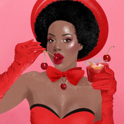 Woman in red outfit with afro eating cherry and holding cocktail