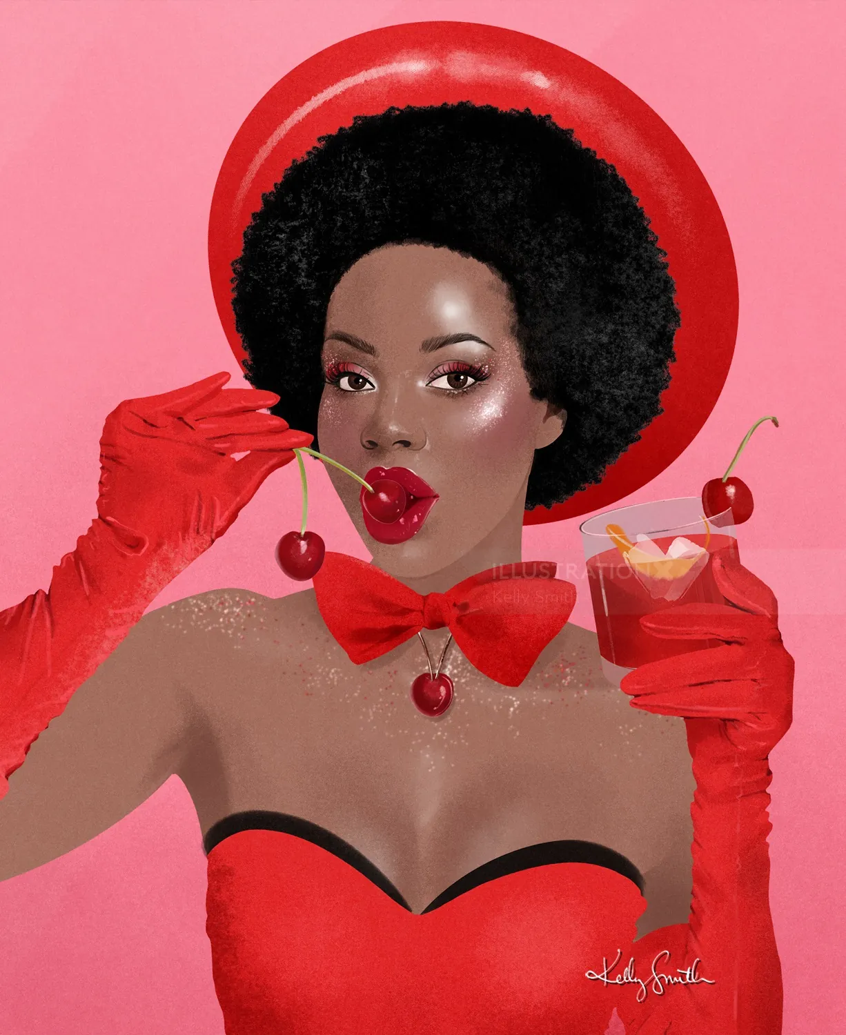 Woman in red outfit with afro eating cherry and holding cocktail