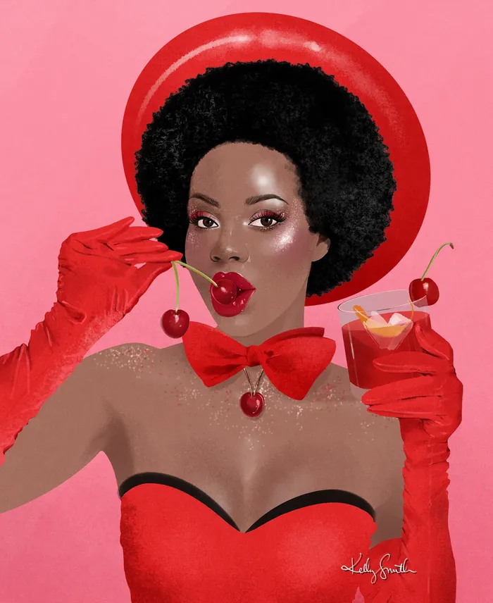 Woman in red outfit with afro eating cherry and holding cocktail
