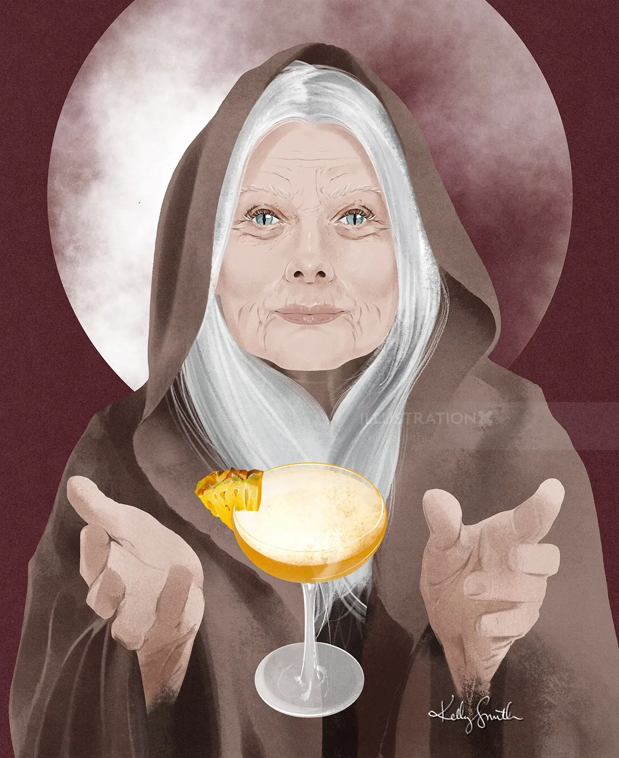 Elderly woman in cloak conjuring glowing cocktail glass