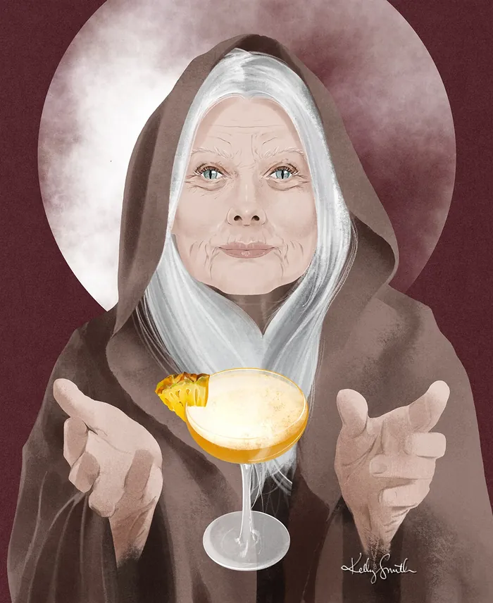 Elderly woman in cloak conjuring glowing cocktail glass