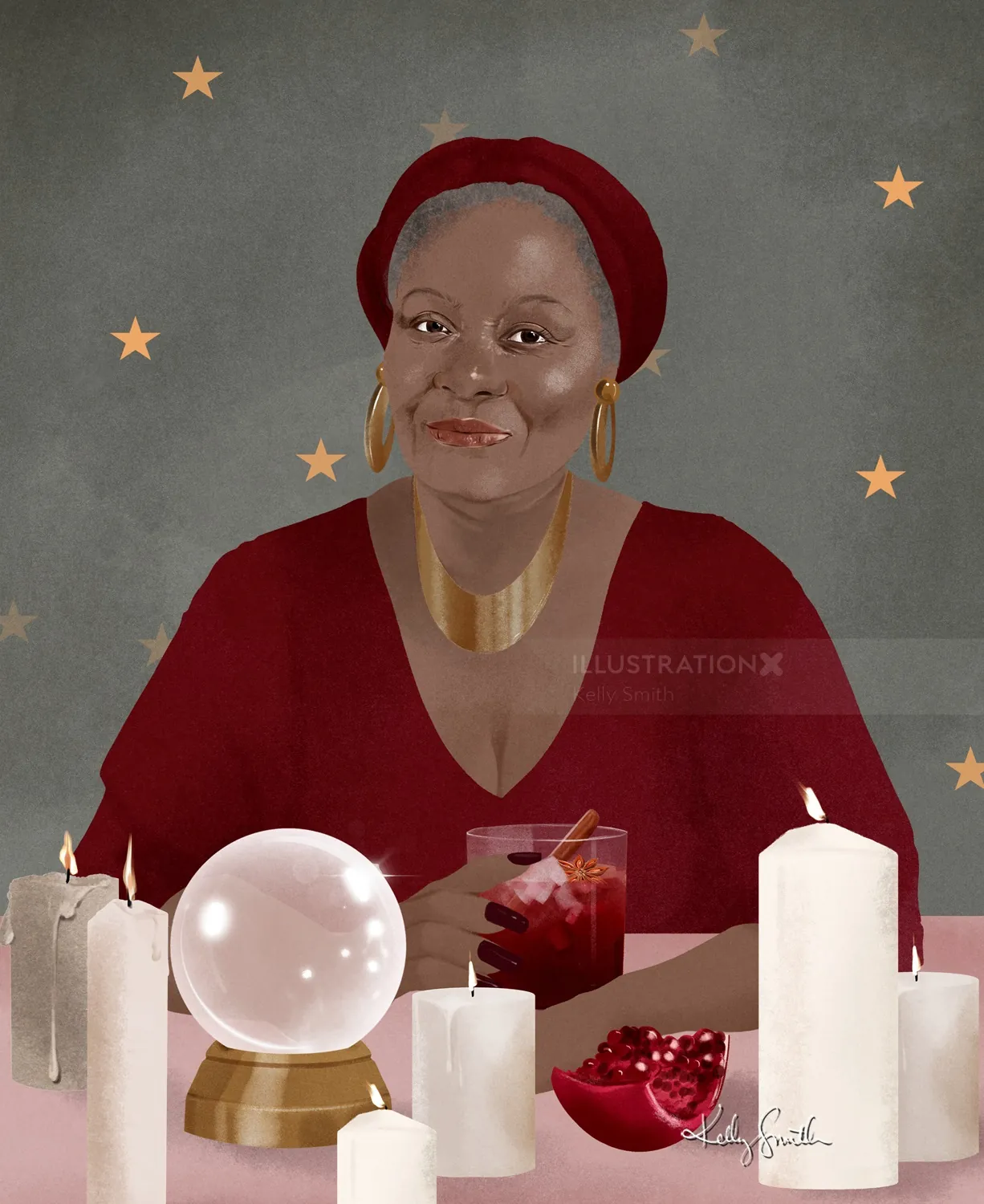 Woman in red with candles, crystal ball, and cocktail under stars