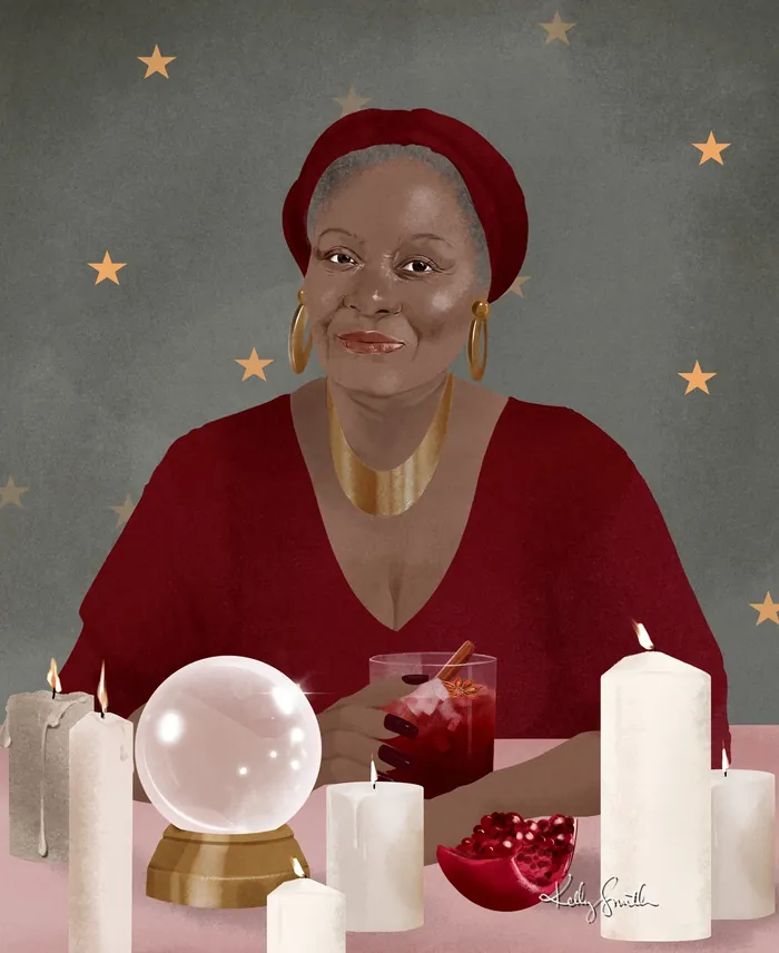 Woman in red with candles, crystal ball, and cocktail under stars