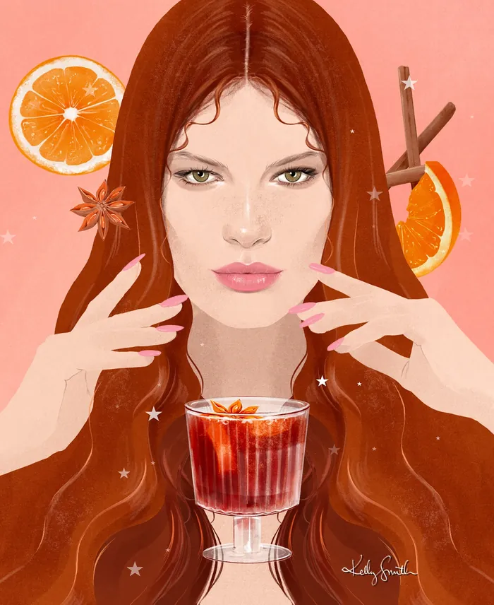 Illustration of woman with long hair holding a spiced cocktail with citrus