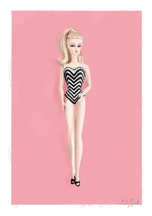 Illustration of Barbie doll in striped swimsuit on pink background by Kelly Smith