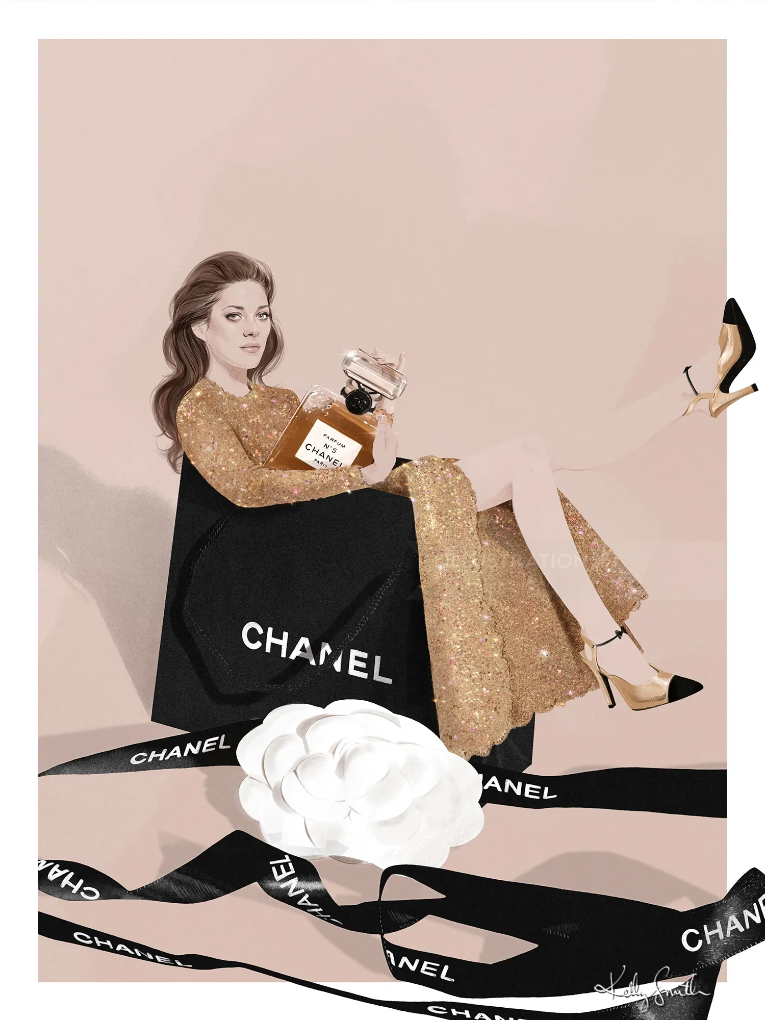 Illustration of Marion Cotillard holding Chanel No.5 perfume by Kelly Smith