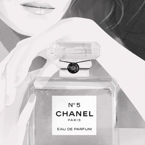 Black and white illustration of Chanel No 5 perfume bottle with hand, by Kelly Smith