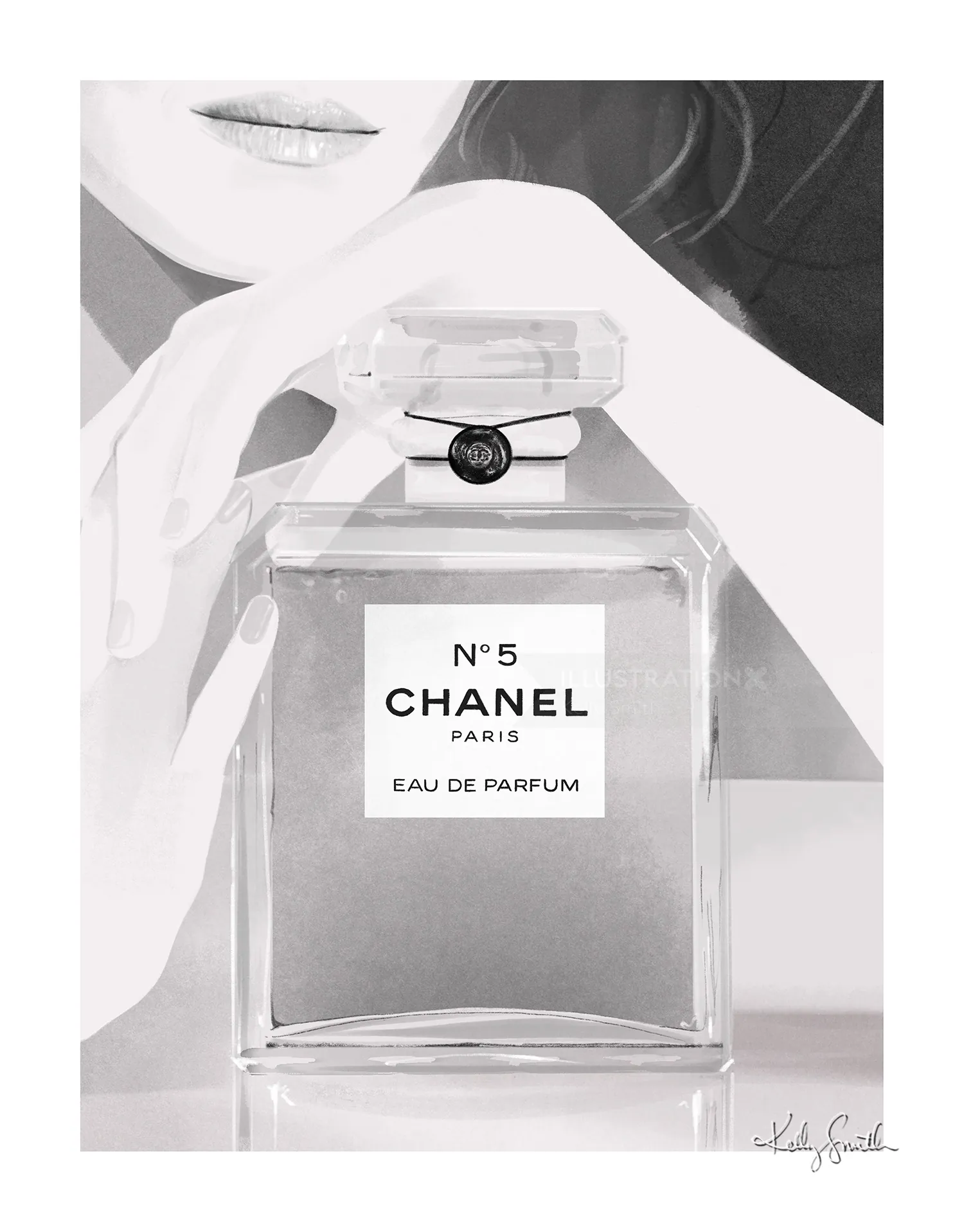 Black and white illustration of Chanel No 5 perfume bottle with hand, by Kelly Smith