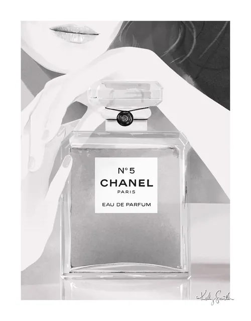 Black and white illustration of Chanel No 5 perfume bottle with hand, by Kelly Smith