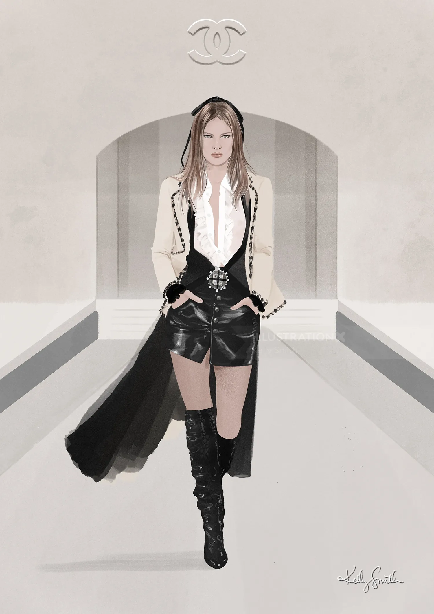 Model walking runway in Chanel Fall Winter 2006 outfit, artwork by Kelly Smith