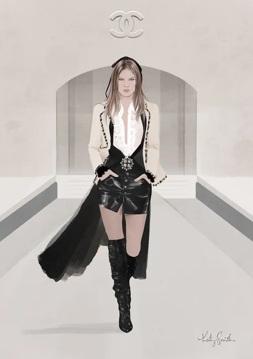 Model walking runway in Chanel Fall Winter 2006 outfit, artwork by Kelly Smith