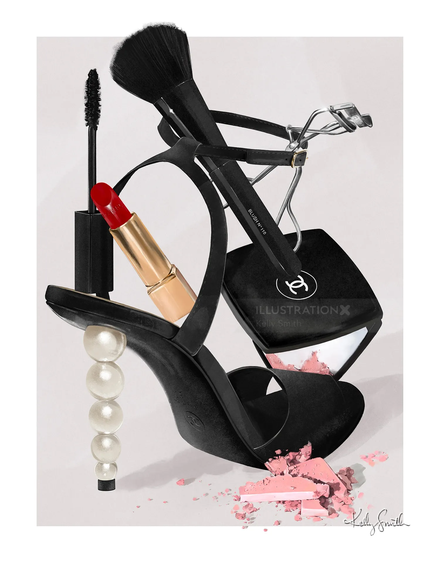 Chanel makeup items and black shoe with pearl heel by Kelly Smith