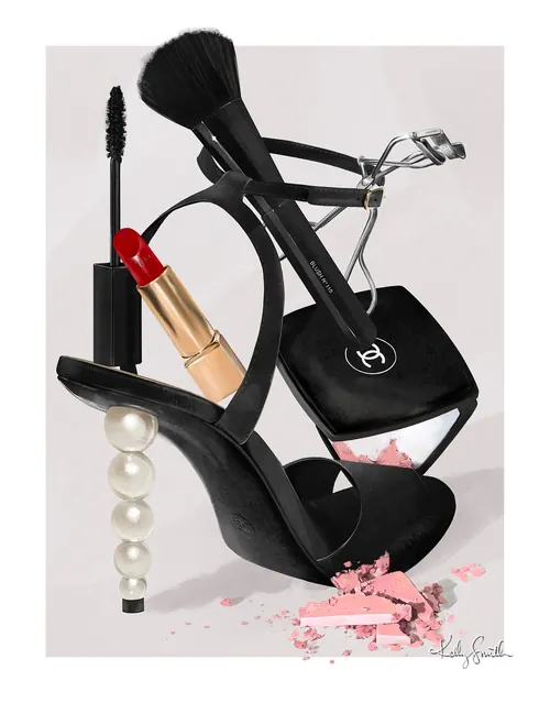 Chanel makeup items and black shoe with pearl heel by Kelly Smith