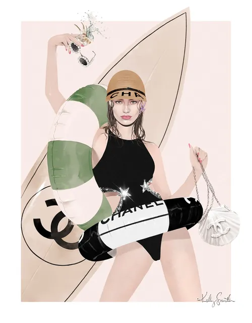 Woman holding Chanel lifebuoy and surfboard, by Kelly Smith