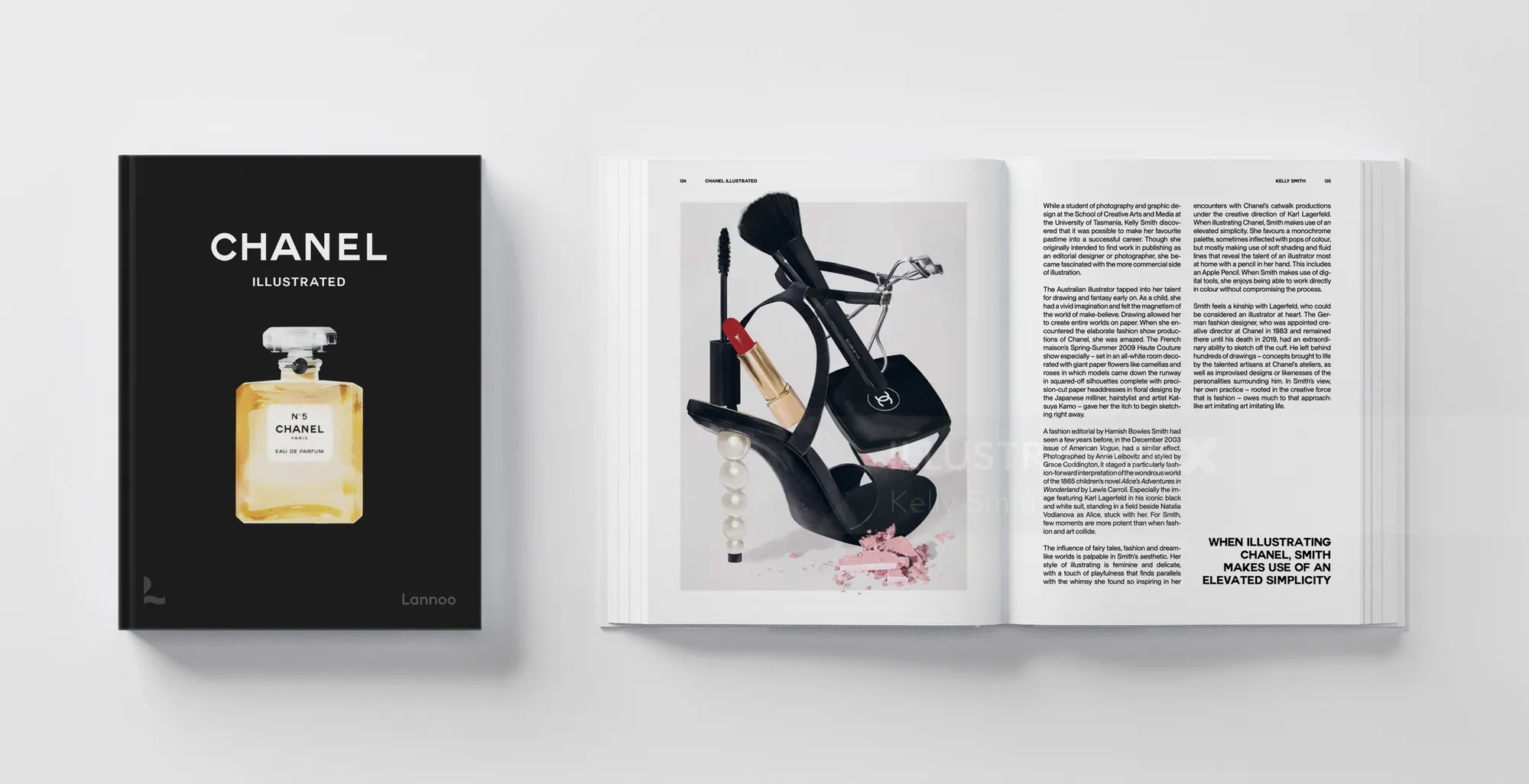Open Chanel Illustrated book with perfume bottle cover and shoe feature by Kelly Smith