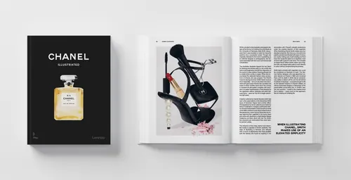 Open Chanel Illustrated book with perfume bottle cover and shoe feature by Kelly Smith