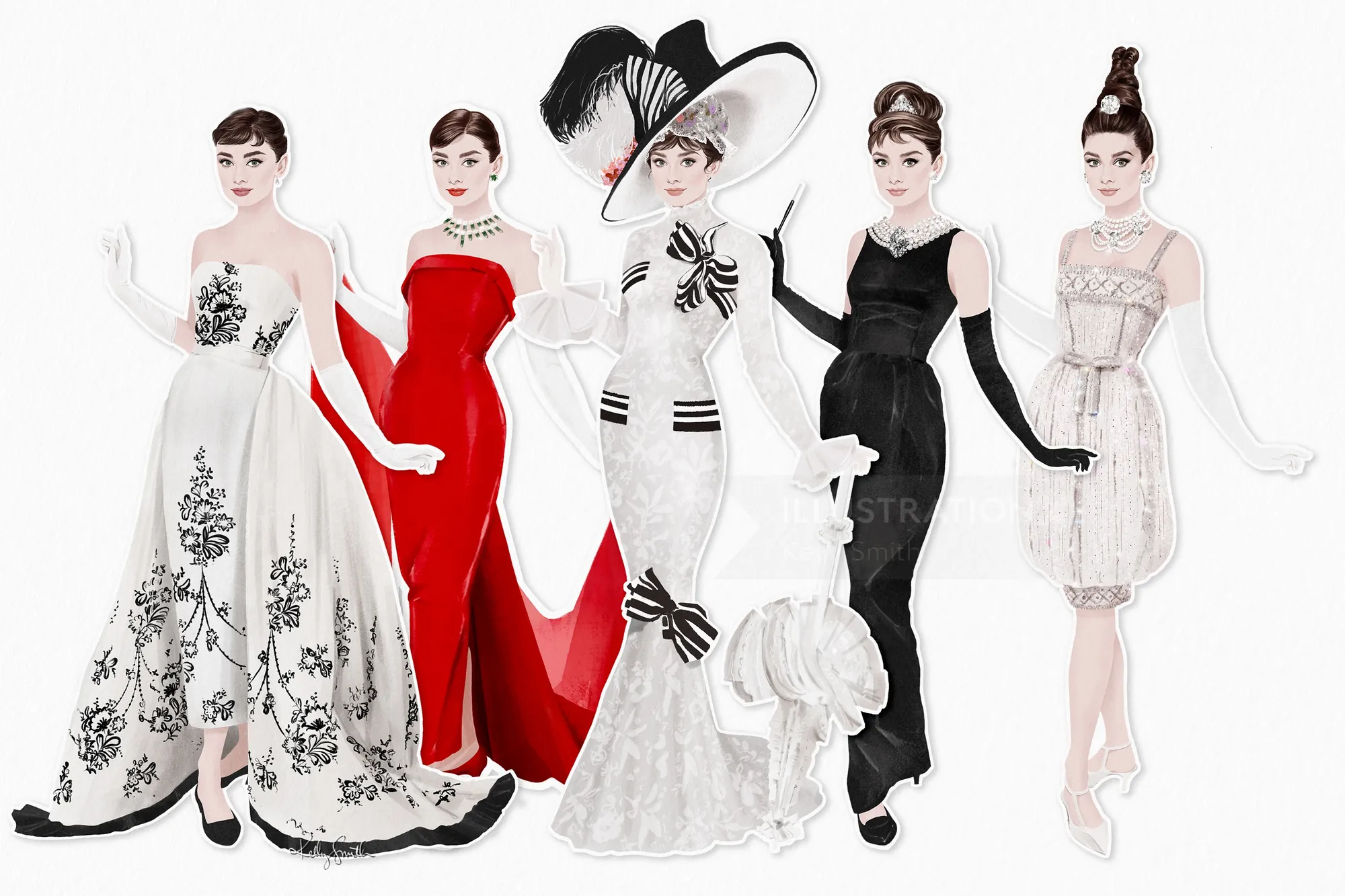 Illustration of Audrey Hepburn paper dolls in various elegant dresses by Kelly Smith