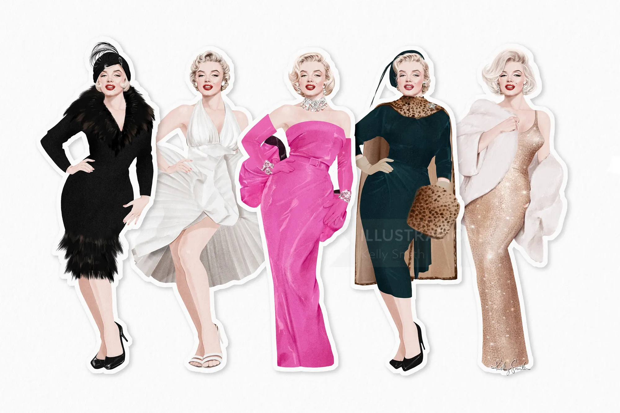 Marilyn Monroe paper doll in five different iconic outfits by Kelly Smith