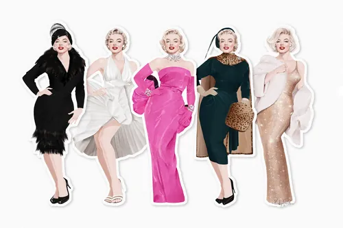 Marilyn Monroe paper doll in five different iconic outfits by Kelly Smith