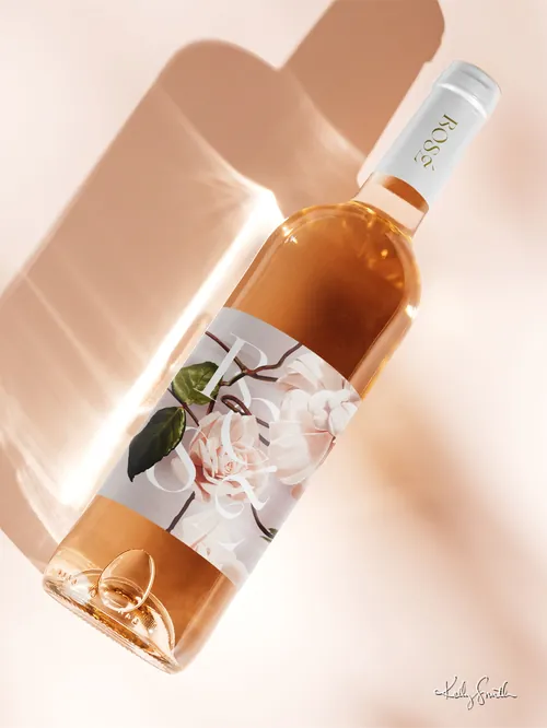 Wine bottle with a floral label design by Kelly Smith