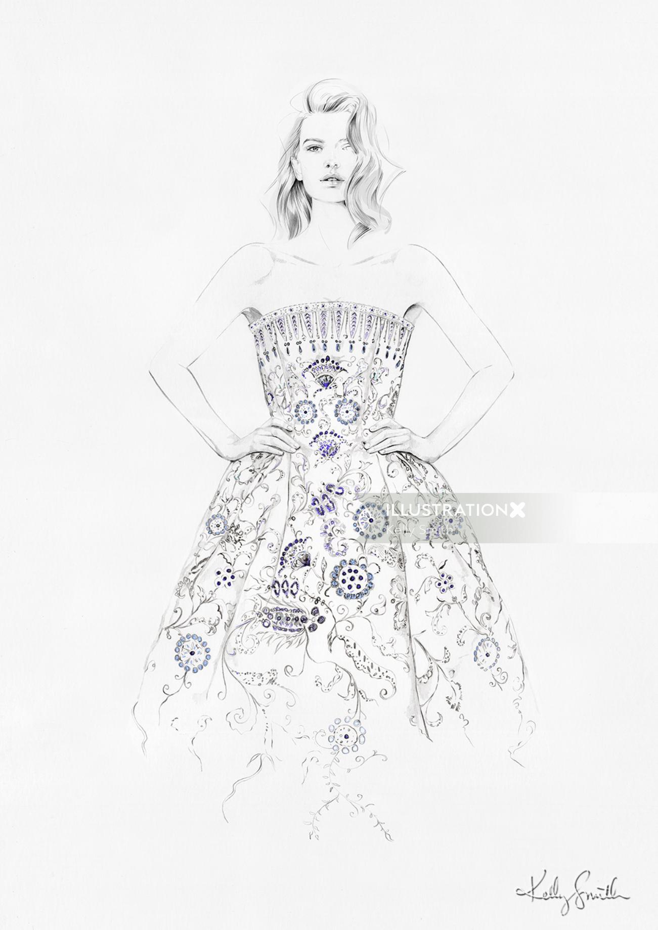 Illustration of Christian Dior's Palmyre gown