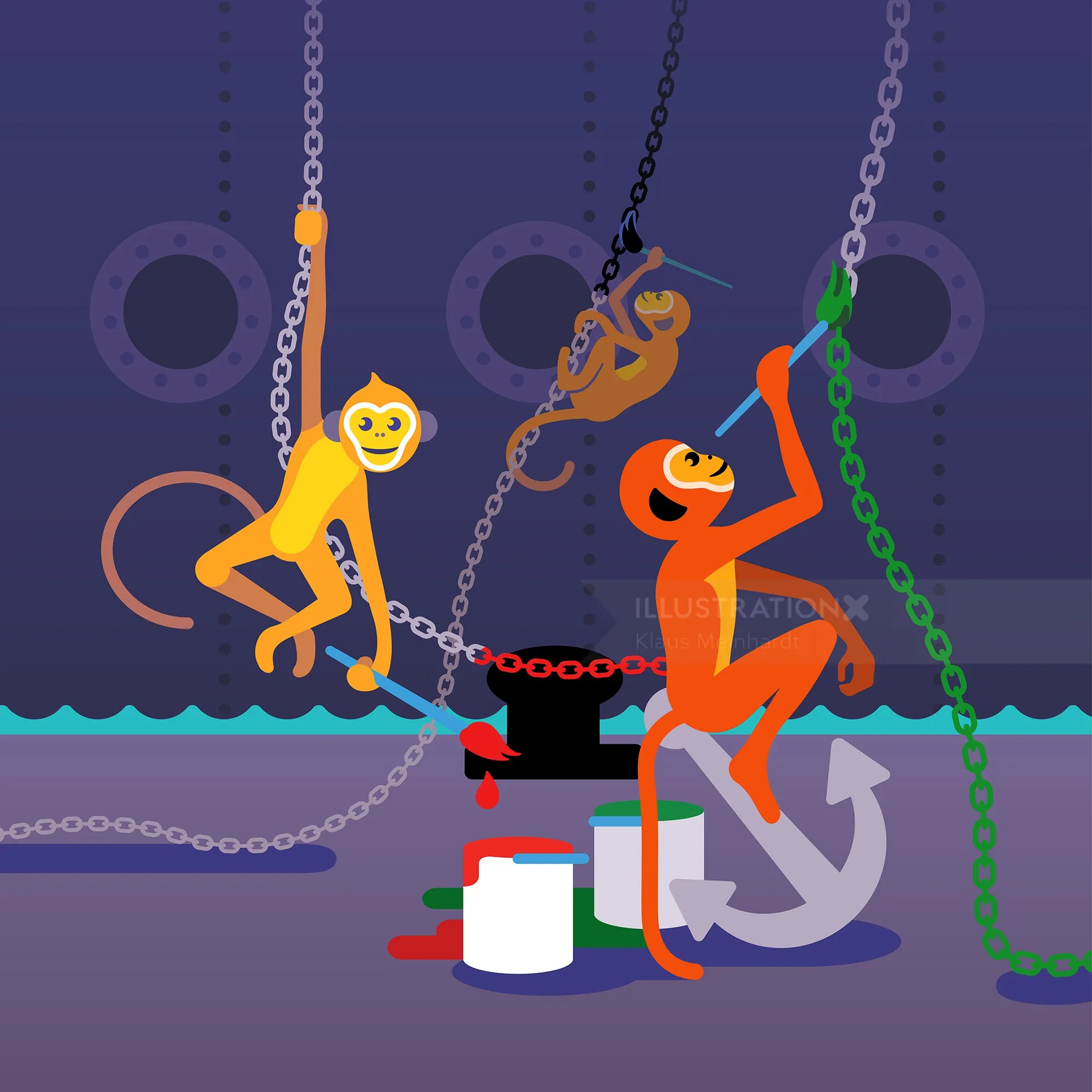 Colorful monkeys swinging on chains over water and paint cans by Klaus Meinhardt