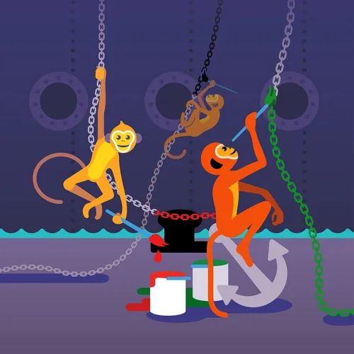 Colorful monkeys swinging on chains over water and paint cans by Klaus Meinhardt