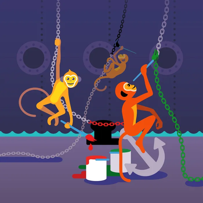 Colorful monkeys swinging on chains over water and paint cans by Klaus Meinhardt