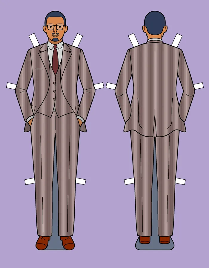 Male paper doll in brown suit illustration by Klaus Meinhardt