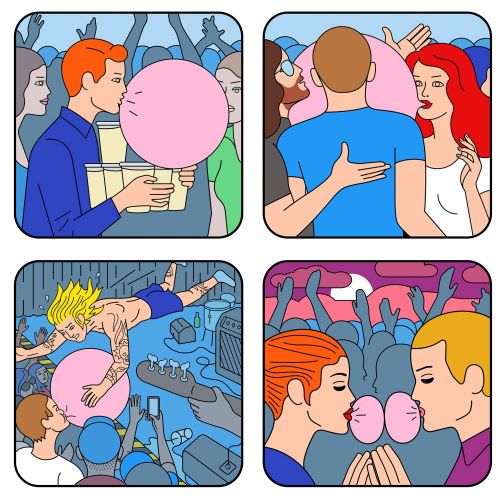 Illustration of people blowing and sharing bubble gum by Klaus Meinhardt