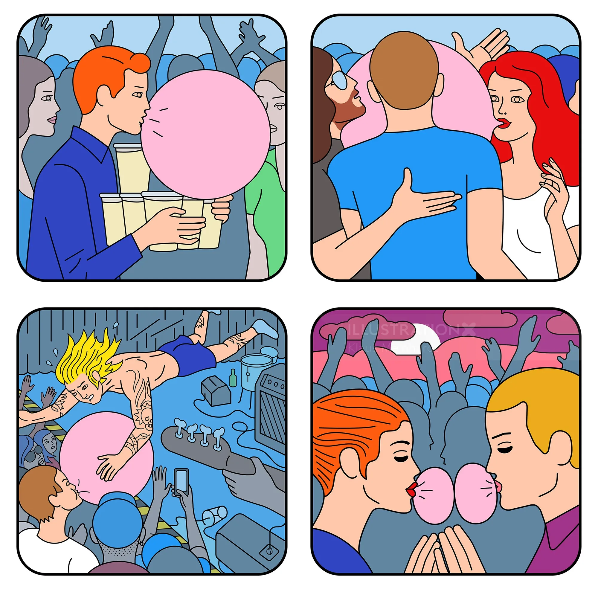 Illustration of people blowing and sharing bubble gum by Klaus Meinhardt