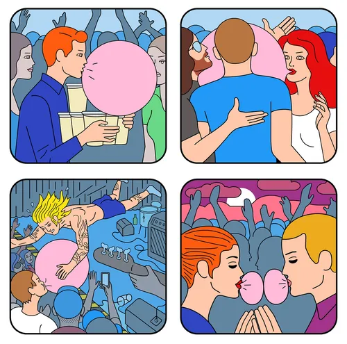Illustration of people blowing and sharing bubble gum by Klaus Meinhardt