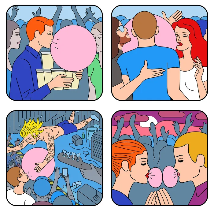 Illustration of people blowing and sharing bubble gum by Klaus Meinhardt