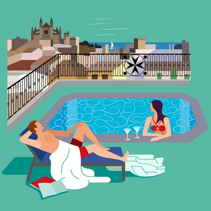 Couple relaxing by rooftop pool with cityscape view, artwork by Klaus Meinhardt