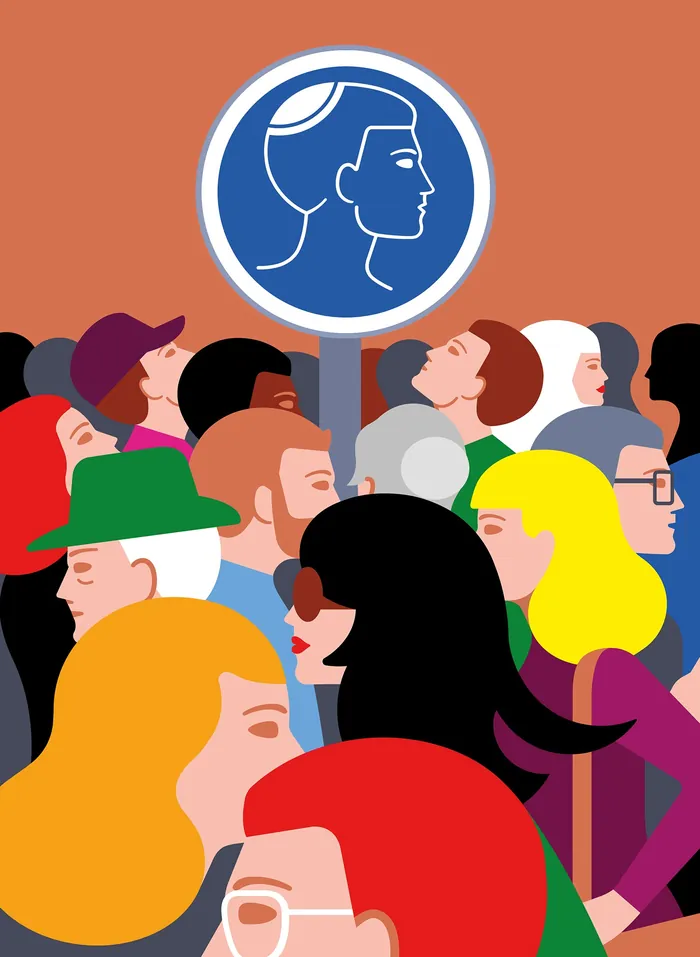Diverse crowd of people beneath a blue gender symbol sign by Klaus Meinhardt